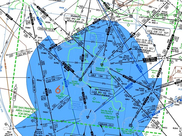 Ce plan de règles de vol aux instruments montre des voies aériennes de basse altitude au Centre de Contrôle d’Aire d’Oakland. 